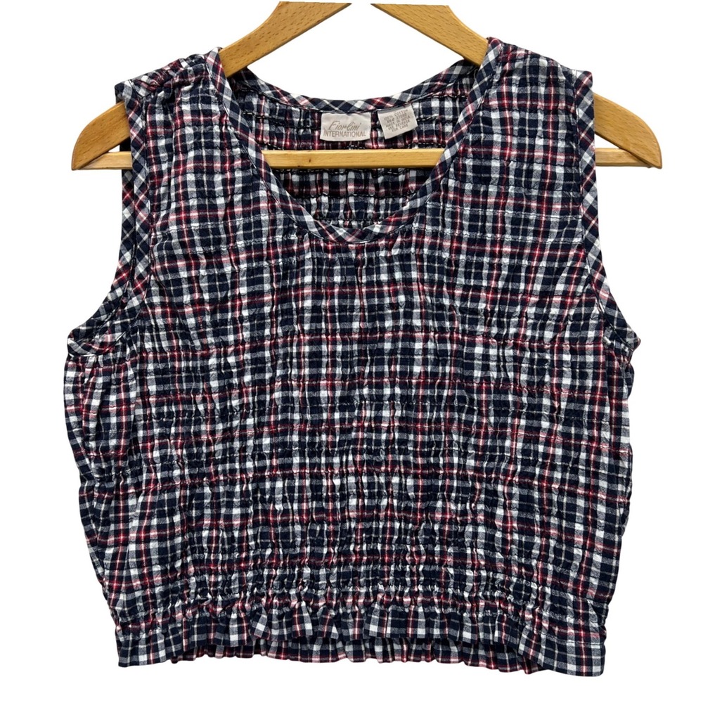 Fiorlini International Plaid Smocked Crop Top Womens Small Navy Red Cotton Y2K